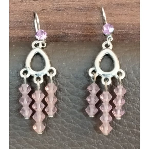 Silver Lavender Pink Crystal Earrings Hook Drop Dangle Chandelier - Picture 1 of 6